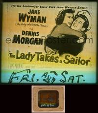 9w109 LADY TAKES A SAILOR glass slide '49 c/u of Jane Wyman hugging boat captain Dennis Morgan!