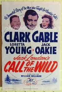 9x092 CALL OF THE WILD 1sh R53 Clark Gable, Loretta Young, Jack Oakie, from Jack London novel!