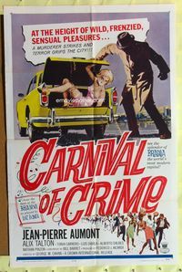 9x101 CARNIVAL OF CRIME 1sh '64 wild art of murderer putting tied up girl into car trunk!