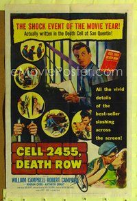 9x113 CELL 2455 DEATH ROW 1sh '55 biography of Caryl Chessman, no. 1 condemned convict!