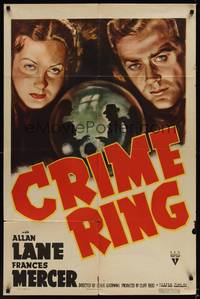 9x160 CRIME RING 1sh '38 close-up art of Allan Lane & Frances Mercer looking through crystal ball!
