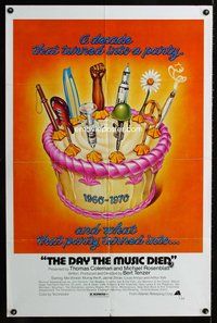 9x181 DAY THE MUSIC DIED 1sh '77 Bert Tenzer, great Huyssen art of birthday cake!
