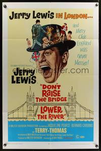 9x227 DON'T RAISE THE BRIDGE, LOWER THE RIVER 1sh '68 wacky image of Jerry Lewis in London!
