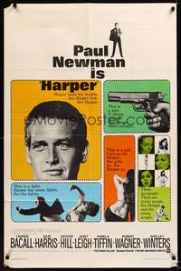 9x331 HARPER 1sh '66 Paul Newman has many fights, sexy Pamela Tiffin, great design!