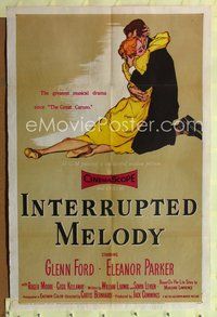 9x413 INTERRUPTED MELODY 1sh '55 artwork of Glenn Ford embracing Eleanor Parker!