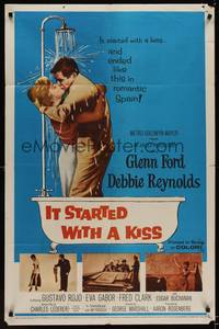 9x420 IT STARTED WITH A KISS 1sh '59 Glenn Ford & Debbie Reynolds kissing in shower in Spain!