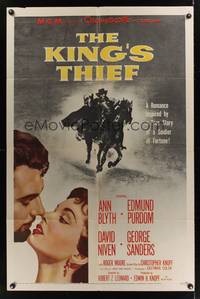 9x444 KING'S THIEF 1sh '55 Ann Blyth romancing Edmund Purdom & art of masked Purdom on horse!