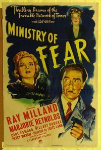 9x512 MINISTRY OF FEAR 1sh '44 Fritz Lang, classic image of Ray Milland w/gun & Marjorie Reynolds!