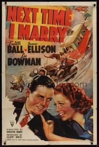 9x543 NEXT TIME I MARRY 1sh '38 close-up art of young Lucille Ball, James Ellison, car & trailer!