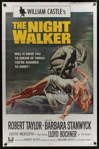 9x551 NIGHT WALKER 1sh '65 William Castle, Robert Taylor, Barbara Stanwyck, Reynold Brown art!