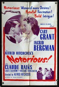 9x563 NOTORIOUS 1sh R60s Cary Grant, Ingrid Bergman, fateful fascination, bold intrigue!
