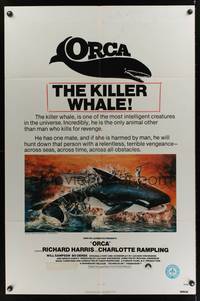 9x588 ORCA 1sh '77 wild artwork of attacking Killer Whale by John Berkey, it kills for revenge!