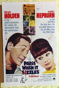 9x607 PARIS WHEN IT SIZZLES 1sh '64 close-ups of pretty Audrey Hepburn & William Holden!