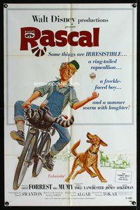 9x641 RASCAL 1sh '69 Walt Disney, great art of Bill Mumy on bike with raccoon & dog!