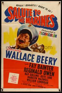 9x673 SALUTE TO THE MARINES style D 1sh '43 great head shot close up art of soldier Wallace Beery!