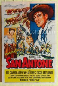 9x674 SAN ANTONE 1sh '53 artwork of cowboy Rod Cameron & Katy Jurado, both holding guns!