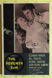 9x688 SEVENTH SIN 1sh '57 sexy scared Eleanor Parker betrays super angry Bill Travers!