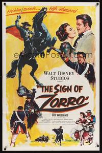 9x703 SIGN OF ZORRO 1sh '60 Walt Disney, cool art of masked hero Guy Williams on horseback!