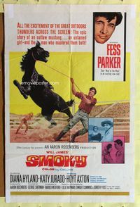 9x719 SMOKY 1sh '66 Diana Hyland, art of Fess Parker taming wild outlaw mustang!