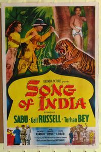 9x723 SONG OF INDIA 1sh '49 Sabu watches Gail Russell & Turhan Bey attack tiger!
