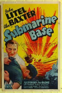 9x752 SUBMARINE BASE 1sh '43 John Litel, Alan Baxter, exploding u-boat artwork!