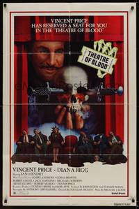 9x795 THEATRE OF BLOOD 1sh '73 great art of Vincent Price holding bloody skull w/dead audience!