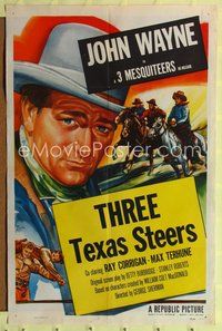9x816 JOHN WAYNE 1sh 1953 John Wayne, 3 Mesquiteers, Three Texas Steers!
