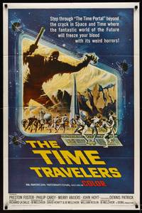 9x825 TIME TRAVELERS 1sh '64 cool Reynold Brown sci-fi art of the crack in space and time!