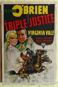 9x856 TRIPLE JUSTICE 1sh '40 George O'Brien, Virginia Vale, cool art of fistfight on horseback!