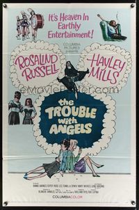 9x858 TROUBLE WITH ANGELS 1sh '66 Hayley Mills, Binnie Barnes, nun Rosalind Russell on bike!