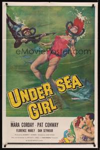 9x881 UNDERSEA GIRL 1sh '57 cool artwork of sexy deep sea scuba diver in peril!