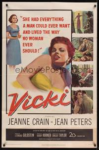 9x898 VICKI 1sh '53 sexy bad girl Jean Peters lived the way no woman ever should!