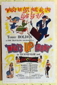 9x929 WHAT'S UP FRONT 1sh '64 Tommy Holden as bra salesman, wacky & sexy artwork!