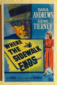 9x940 WHERE THE SIDEWALK ENDS 1sh '50 stone litho Dana Andrews, Gene Tierney, Otto Preminger noir!