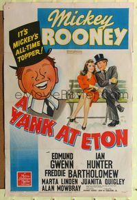 9x992 YANK AT ETON style D 1sh '42 great cartoon art of Mickey Rooney + sitting on bench with babe!