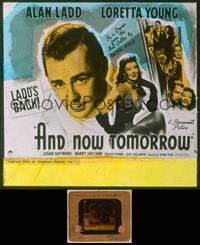 9z075 AND NOW TOMORROW glass slide '44 great headshot of Dr. Alan Ladd, plus pretty Loretta Young!