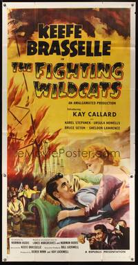 1a430 FIGHTING WILDCATS 3sh '57 art of Keefe Brasselle romancing Kay Callard + oil field on fire!