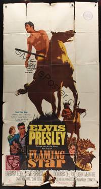 1a434 FLAMING STAR 3sh '60 Elvis Presley playing guitar & barechested on horse, Barbara Eden