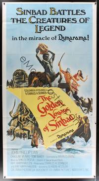 1a449 GOLDEN VOYAGE OF SINBAD int'l 3sh '73 Ray Harryhausen, cool fantasy art by Mort Kunstler!