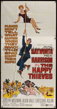 1a455 HAPPY THIEVES 3sh '62 cool artwork of Rita Hayworth & Rex Harrison sliding down rope!