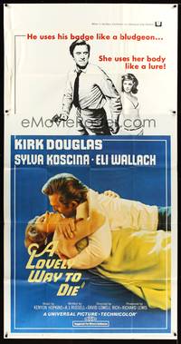 1a511 LOVELY WAY TO DIE 3sh '68 great image of Kirk Douglas romancing Sylva Koscina, Eli Wallach