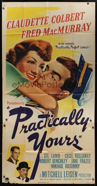 1a581 PRACTICALLY YOURS 3sh '44 art of Claudette Colbert hugging Air Force pilot Fred MacMurray!