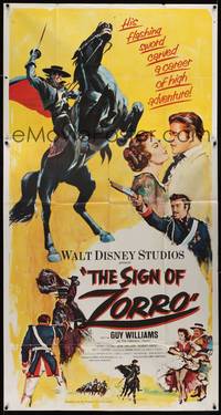 1a615 SIGN OF ZORRO 3sh '60 Walt Disney, cool art of masked hero Guy Williams on horseback!