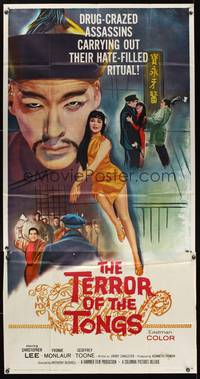 1a649 TERROR OF THE TONGS 3sh '61 cool art of Asian villain Chris Lee, drug-crazed assassins!