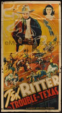 1a667 TROUBLE IN TEXAS 3sh '37 art of Tex Ritter w/smoking guns + uncredited Rita Hayworth shown!