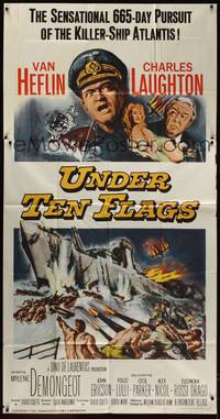 1a673 UNDER TEN FLAGS 3sh '60 art of Van Heflin, Charles Laughton & sexy Mylene Demongeot!