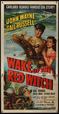 1a682 WAKE OF THE RED WITCH 3sh R52 art of barechested John Wayne & Gail Russell at ship's wheel!
