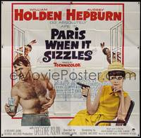 1a289 PARIS WHEN IT SIZZLES 6sh '64 Audrey Hepburn with gun & barechested William Holden in France!