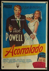1a073 CORNERED Argentinean '46 full-length artwork of Dick Powell pointing gun & Michelene Cheirel!