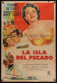 1a088 FLAME OF THE ISLANDS Argentinean '55 Yvonne De Carlo kissing Howard Duff & in sexy dress!